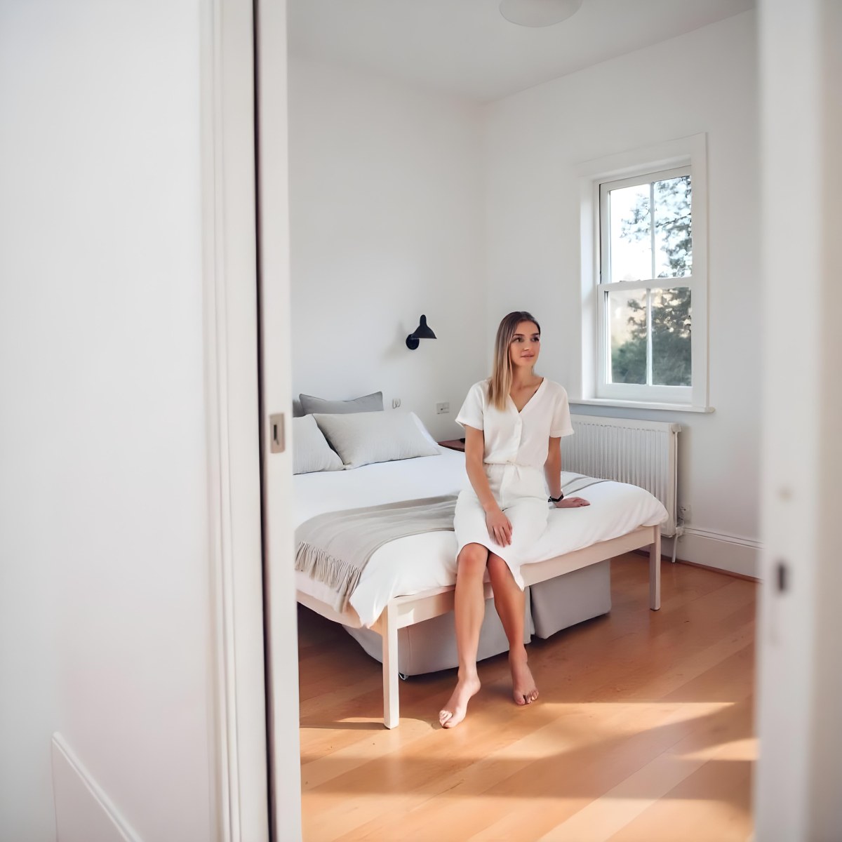 A Young Caucasian Woman With Long Brown Hair Sitting On A Bed 26 6a6c
