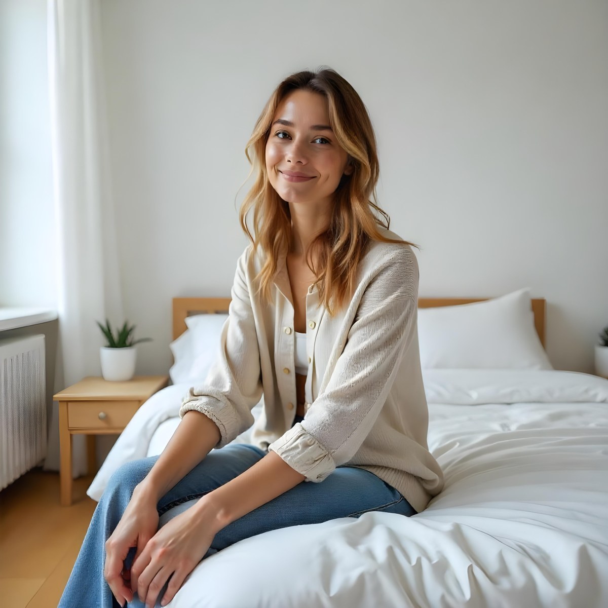 A Young Caucasian Woman With Long Brown Hair Sitting On A Bed 3 0cab