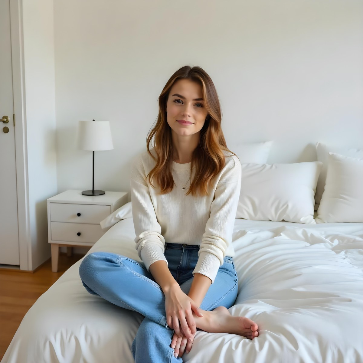 A Young Caucasian Woman With Long Brown Hair Sitting On A Bed 4 0b69