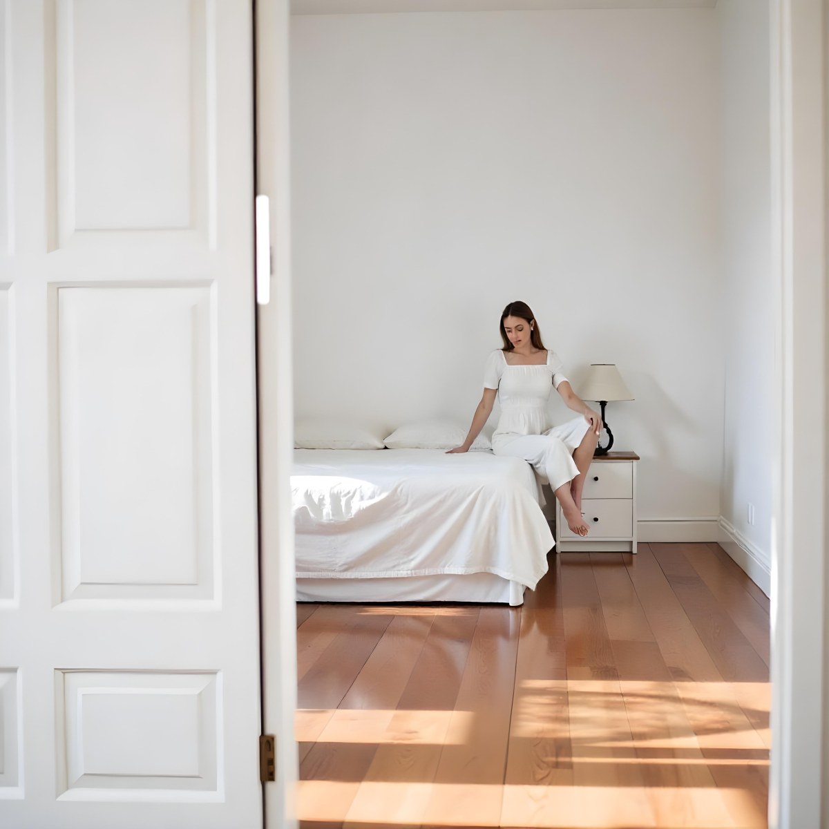 A Young Caucasian Woman With Long Brown Hair Sitting On A Bed 6 2aeb
