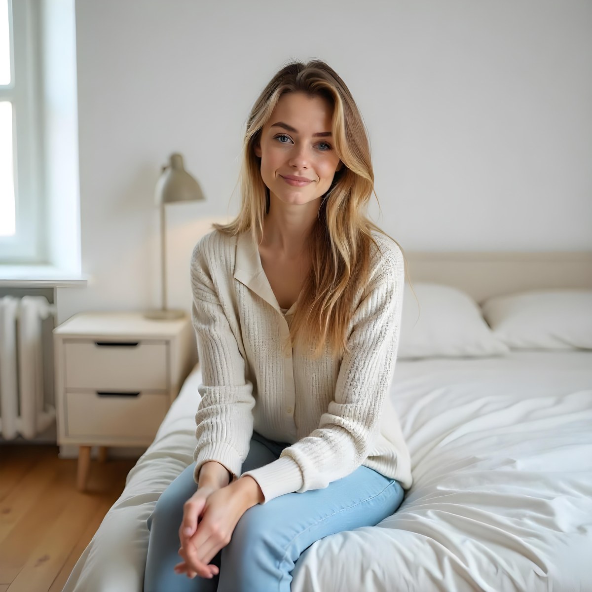 A Young Caucasian Woman With Long Brown Hair Sitting On A Bed 7 D8d8