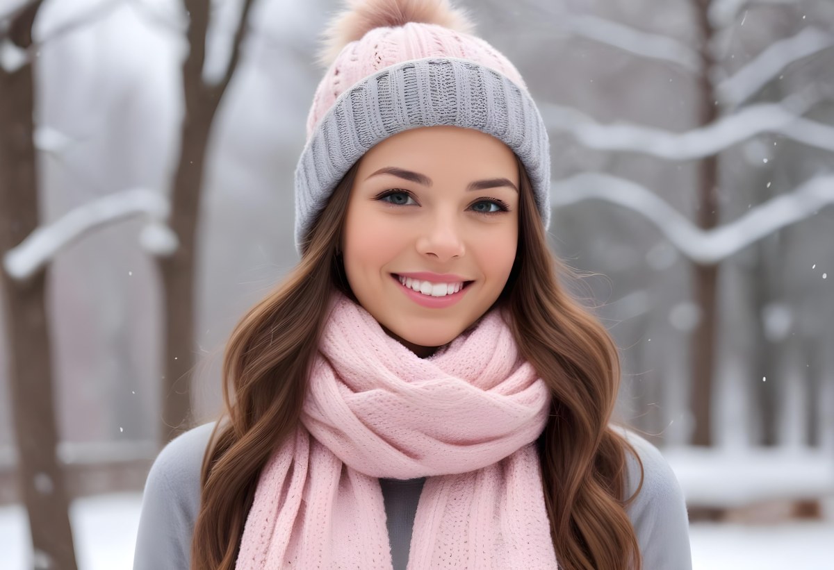 A Young Caucasian Woman With Long Brown Hair Wearing A Gray Knit Hat And A Light Pink Scarf Smiling And Looking At The Camera In A Snowy Outdoor Setting 12 2d94