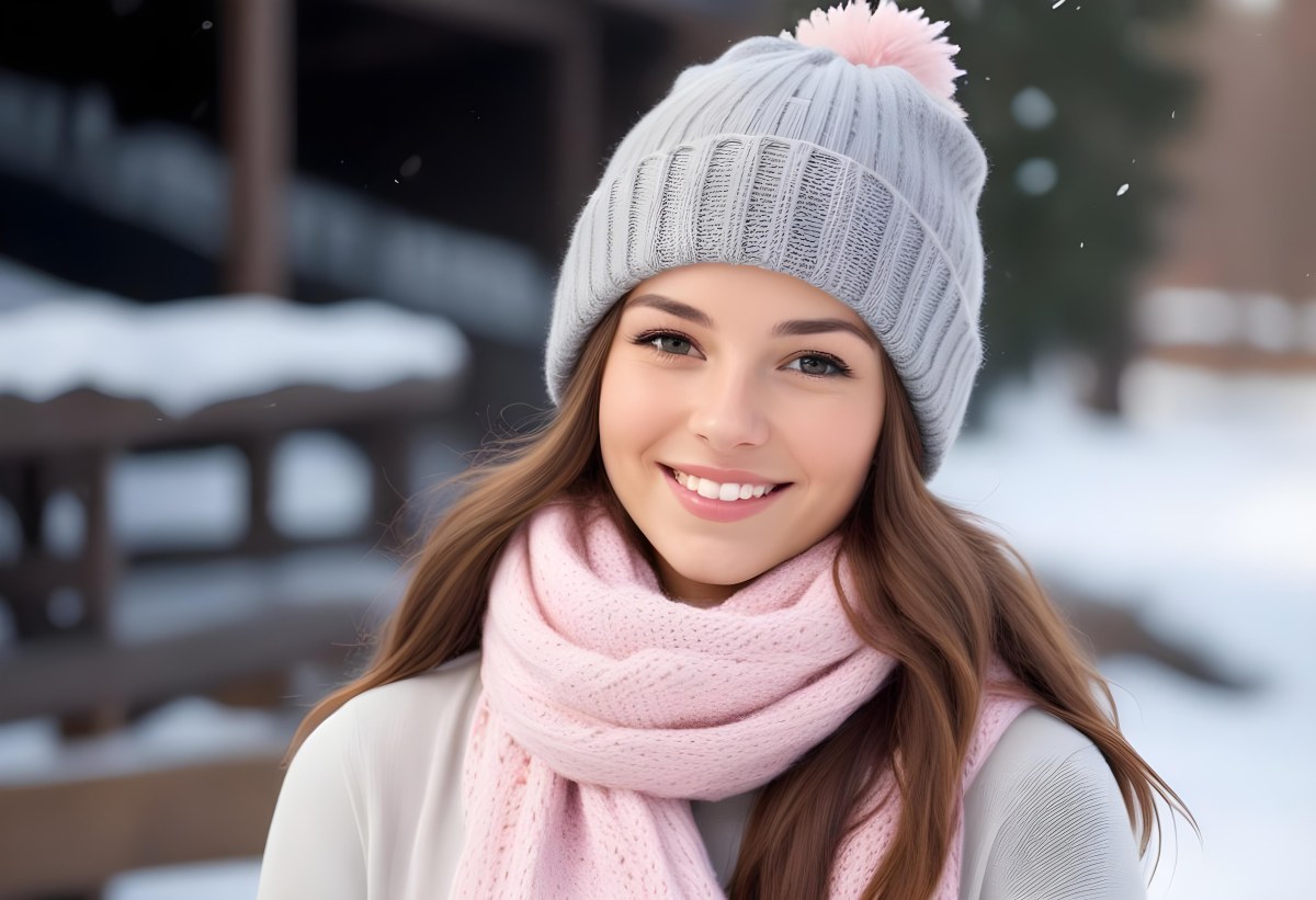 A Young Caucasian Woman With Long Brown Hair Wearing A Gray Knit Hat And A Light Pink Scarf Smiling And Looking At The Camera In A Snowy Outdoor Setting 14 F452