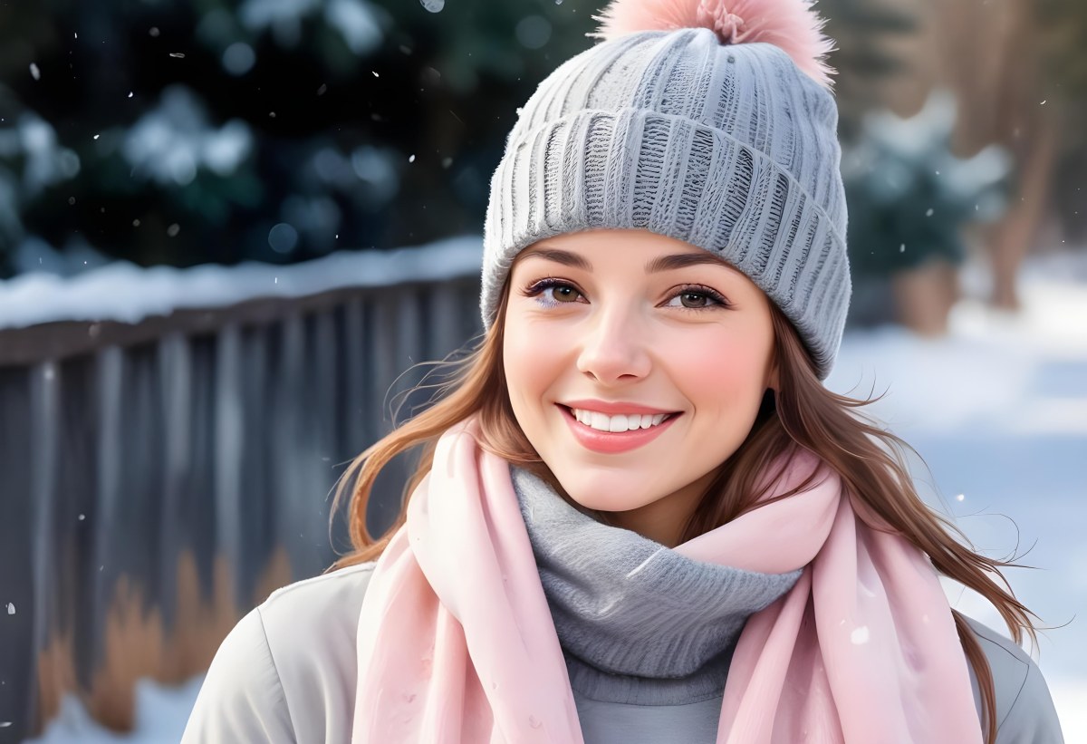 A Young Caucasian Woman With Long Brown Hair Wearing A Gray Knit Hat And A Light Pink Scarf Smiling And Looking At The Camera In A Snowy Outdoor Setting 3 6dce