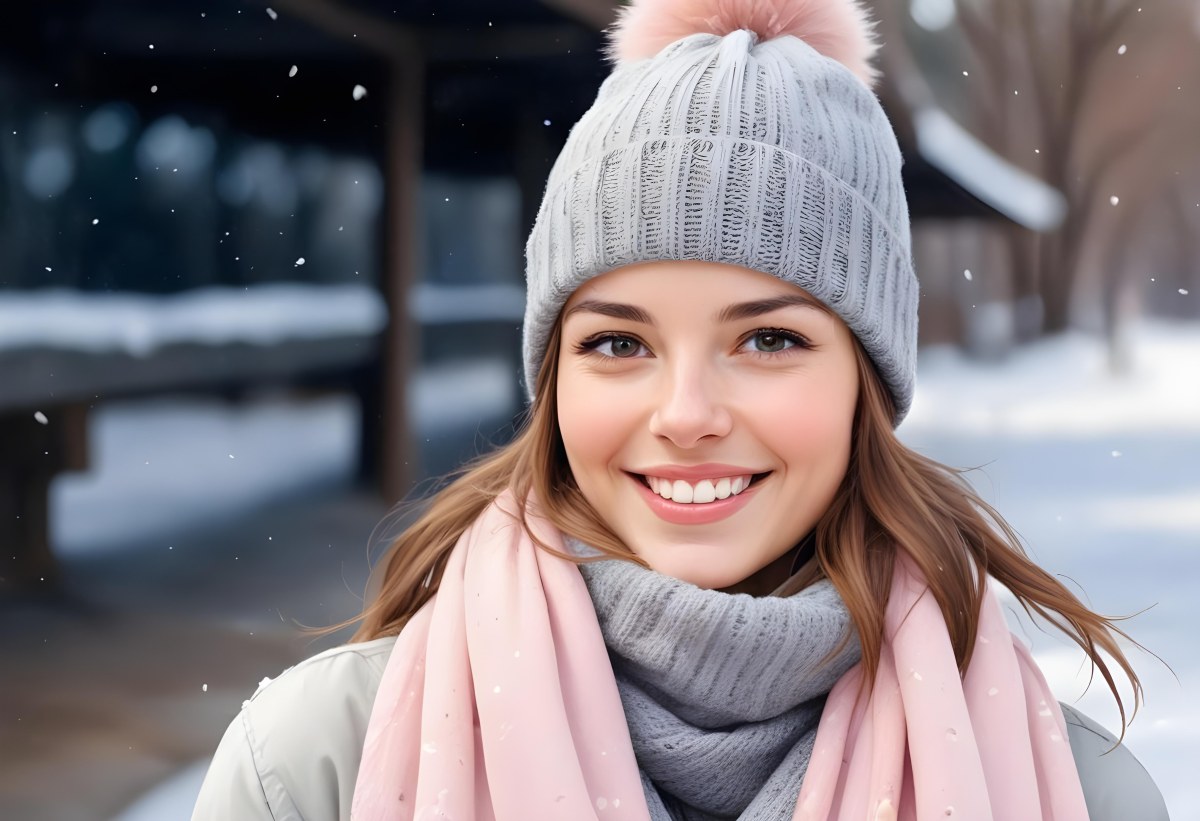 A Young Caucasian Woman With Long Brown Hair Wearing A Gray Knit Hat And A Light Pink Scarf Smiling And Looking At The Camera In A Snowy Outdoor Setting 4 6d7c