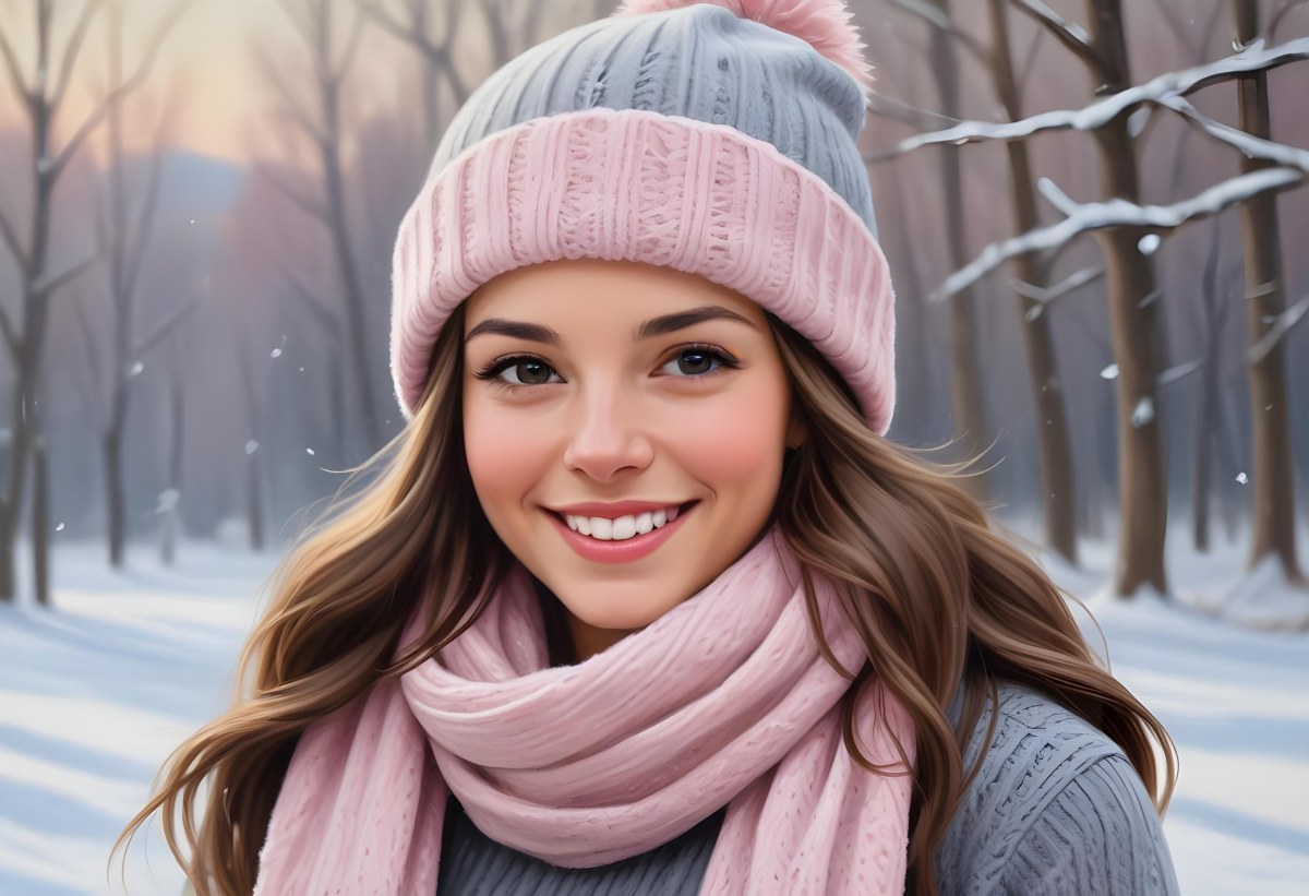 A Young Caucasian Woman With Long Brown Hair Wearing A Gray Knit Hat And A Light Pink Scarf Smiling And Looking At The Camera In A Snowy Outdoor Setting 6 22ea