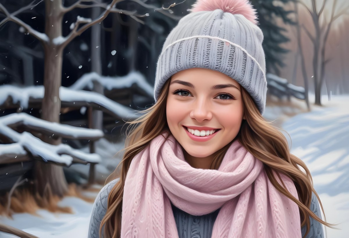 A Young Caucasian Woman With Long Brown Hair Wearing A Gray Knit Hat And A Light Pink Scarf Smiling And Looking At The Camera In A Snowy Outdoor Setting 7 E795