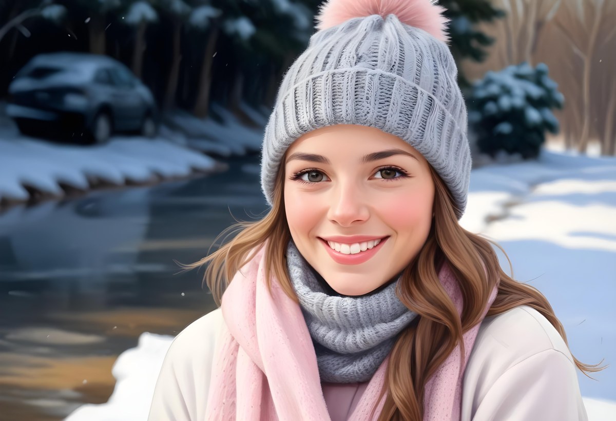 A Young Caucasian Woman With Long Brown Hair Wearing A Gray Knit Hat And A Light Pink Scarf Smiling And Looking At The Camera In A Snowy Outdoor Setting 9 94af
