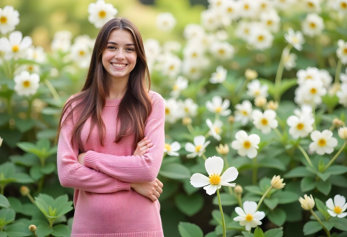A Young Caucasian Woman With Long Brown Wavy Hair Wearing A Pink Sweater Smiling In Front Of A Green Background With White Flowers 6 C44b
