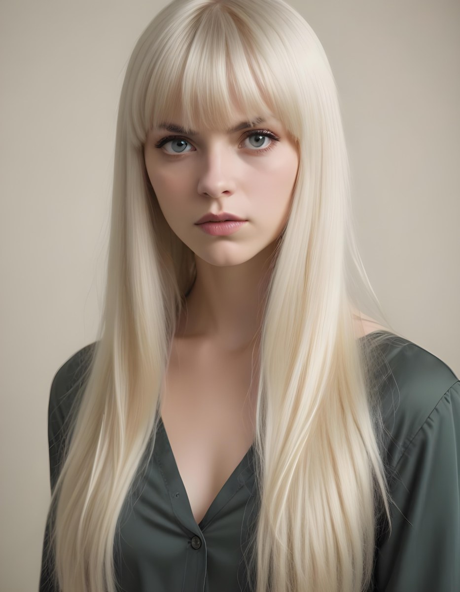 A Young Caucasian Woman With Long Straight Platinum Blonde Hair And Bangs Staring Directly At The Camera With A Serious Expression 5 04f9