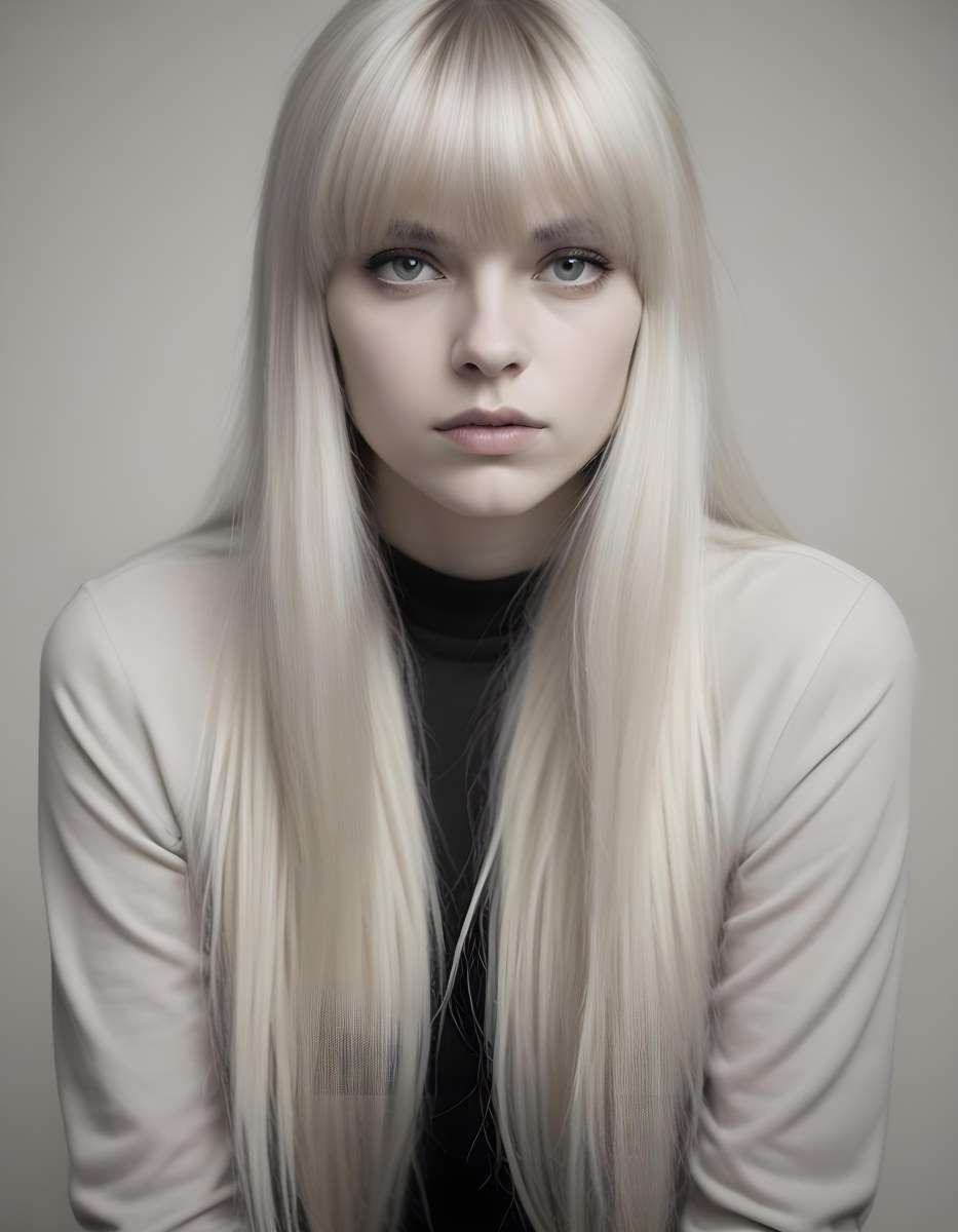 A Young Caucasian Woman With Long Straight Platinum Blonde Hair And Bangs Staring Directly At The Camera With A Serious Expression 6 B924