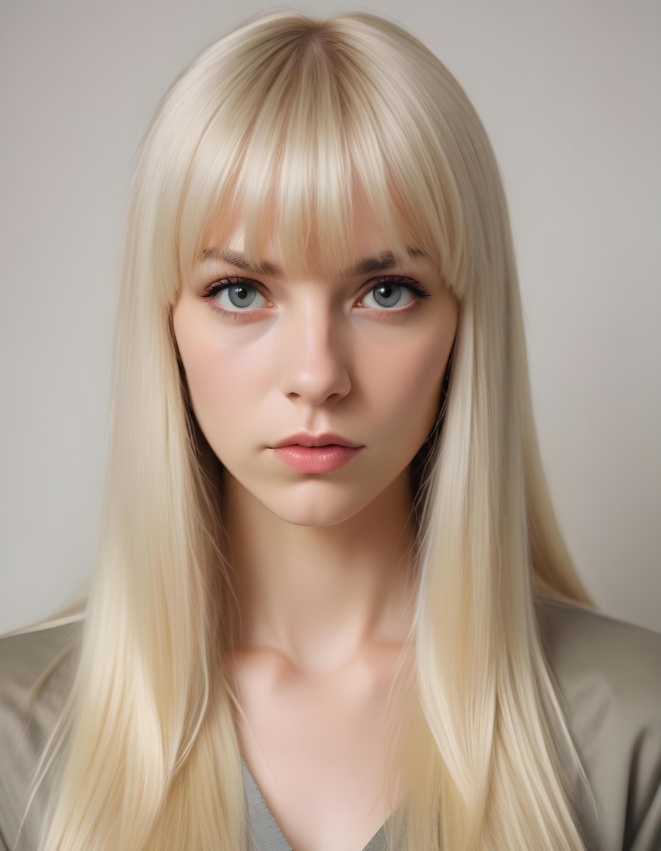 A Young Caucasian Woman With Long Straight Platinum Blonde Hair And Bangs Staring Directly At The Camera With A Serious Expression 7 9f02
