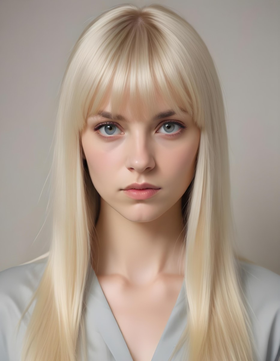 A Young Caucasian Woman With Long Straight Platinum Blonde Hair And Bangs Staring Directly At The Camera With A Serious Expression 8 6124