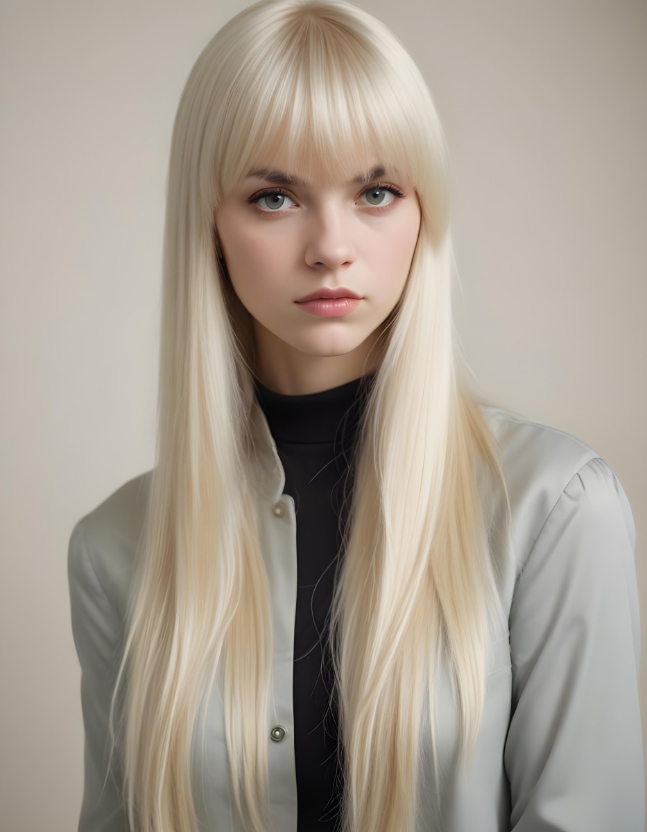 A Young Caucasian Woman With Long Straight Platinum Blonde Hair And Bangs Staring Directly At The Camera With A Serious Expression 9 8806