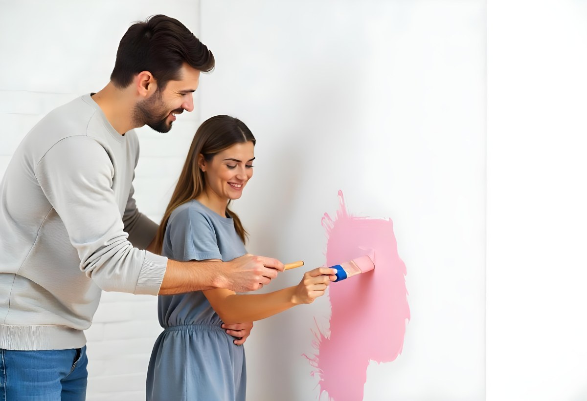 A Young Couple Painting A Wall Together In Their Home The Man Holding A Paint Roller And The Woman Standing Close Behind Her Daytime With Sunlight Streaming In In The Background 2 B59d