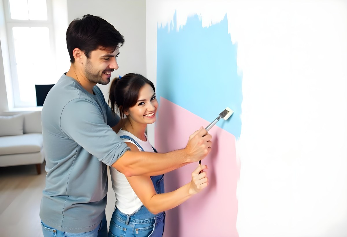A Young Couple Painting A Wall Together In Their Home The Man Holding A Paint Roller And The Woman Standing Close Behind Her Daytime With Sunlight Streaming In In The Background 4 Cc48