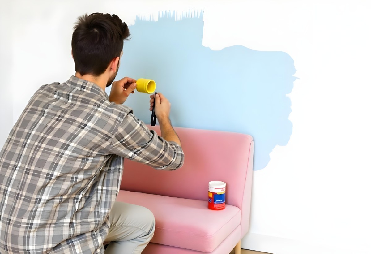 A Young Couple Painting A Wall Together In Their Home The Man Holding A Paint Roller And The Woman Standing Close Behind Her Daytime With Sunlight Streaming In In The Background 5 C976