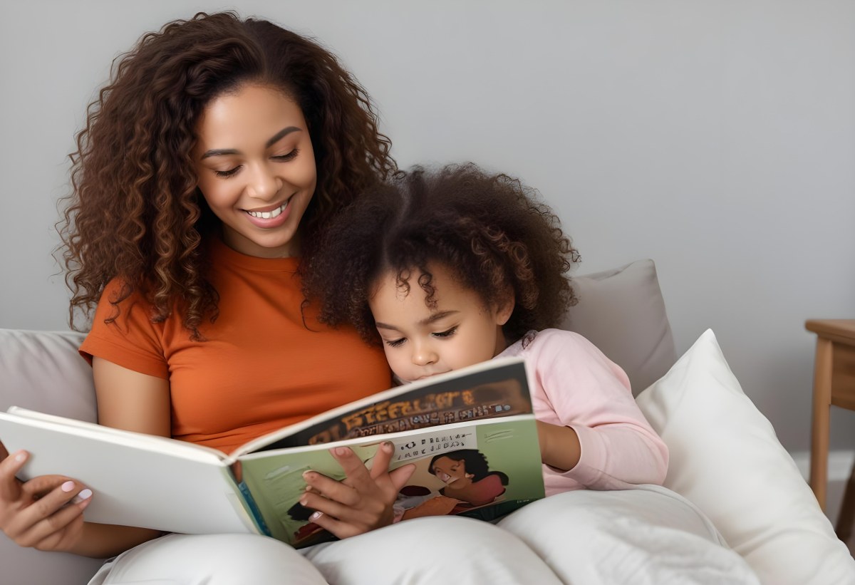 A Young Curly Haired African American Mother Reading A Book With Her Young Curly Haired African American Daughter On A Couch In A Brightly Lit Living Room 1 776b