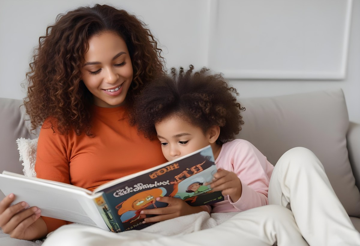 A Young Curly Haired African American Mother Reading A Book With Her Young Curly Haired African American Daughter On A Couch In A Brightly Lit Living Room 15 3b3e