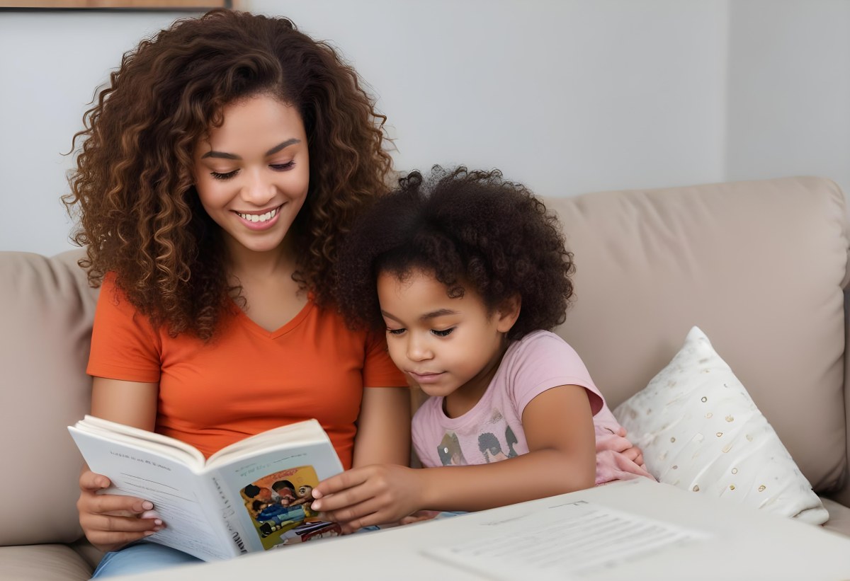 A Young Curly Haired African American Mother Reading A Book With Her Young Curly Haired African American Daughter On A Couch In A Brightly Lit Living Room 19 781f