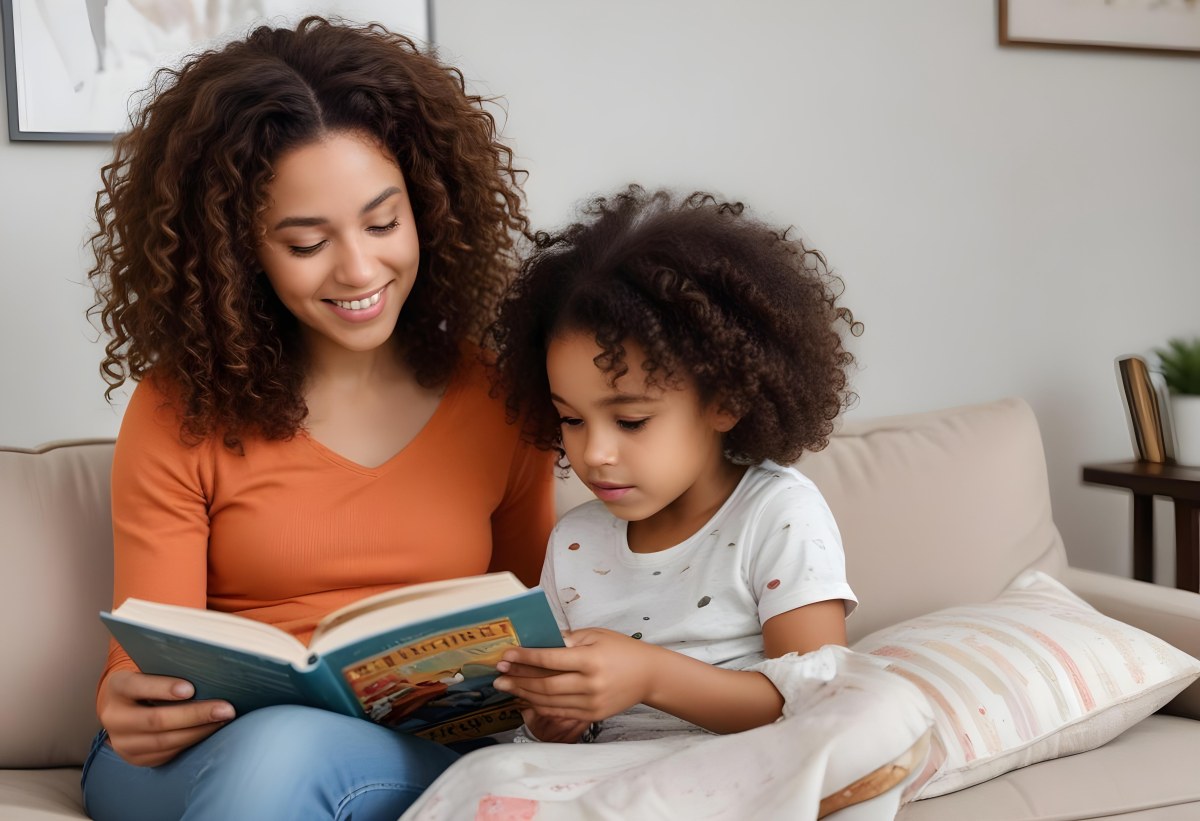A Young Curly Haired African American Mother Reading A Book With Her Young Curly Haired African American Daughter On A Couch In A Brightly Lit Living Room 6 1c8a