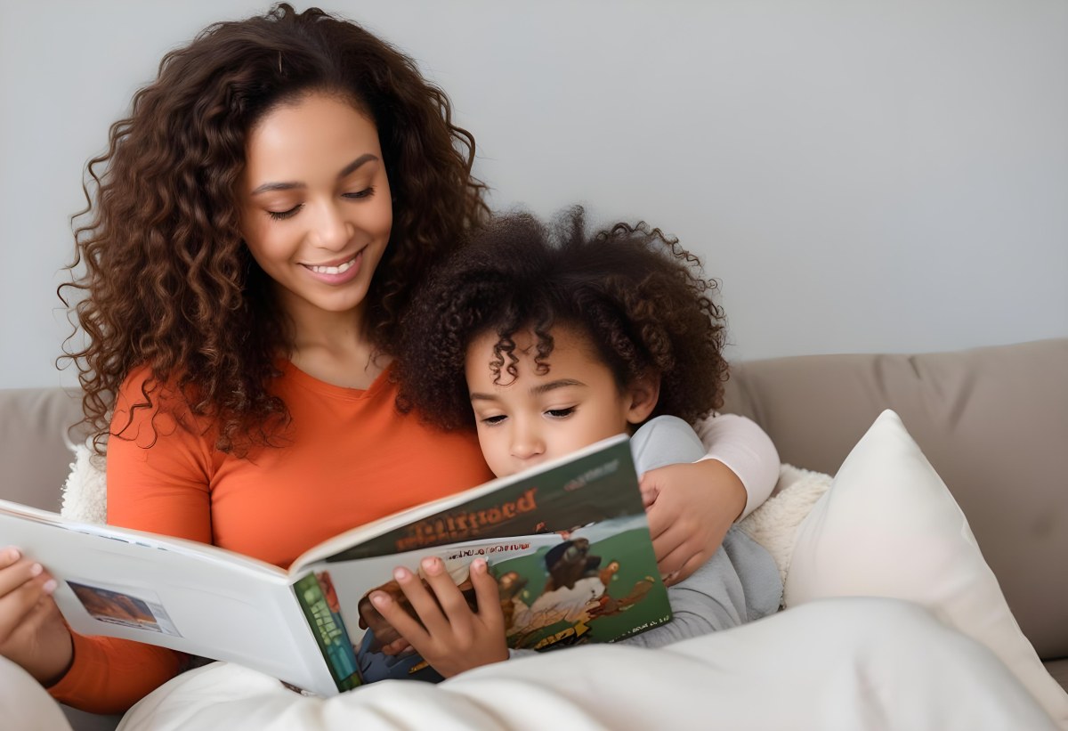 A Young Curly Haired African American Mother Reading A Book With Her Young Curly Haired African American Daughter On A Couch In A Brightly Lit Living Room 8 A865