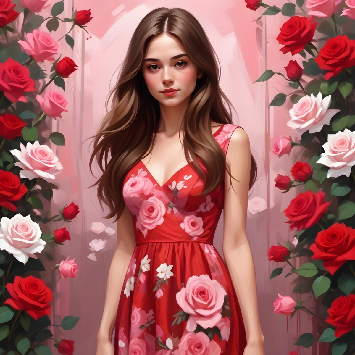 A Young Girl Approximately 8 Years Old With Long Brown Hair And A Red Flower In Her Hair Wearing A Red Dress Adorned With Floral Patterns She Stands Among Pink And Red Roses With Rose Petals Sca 5 215e