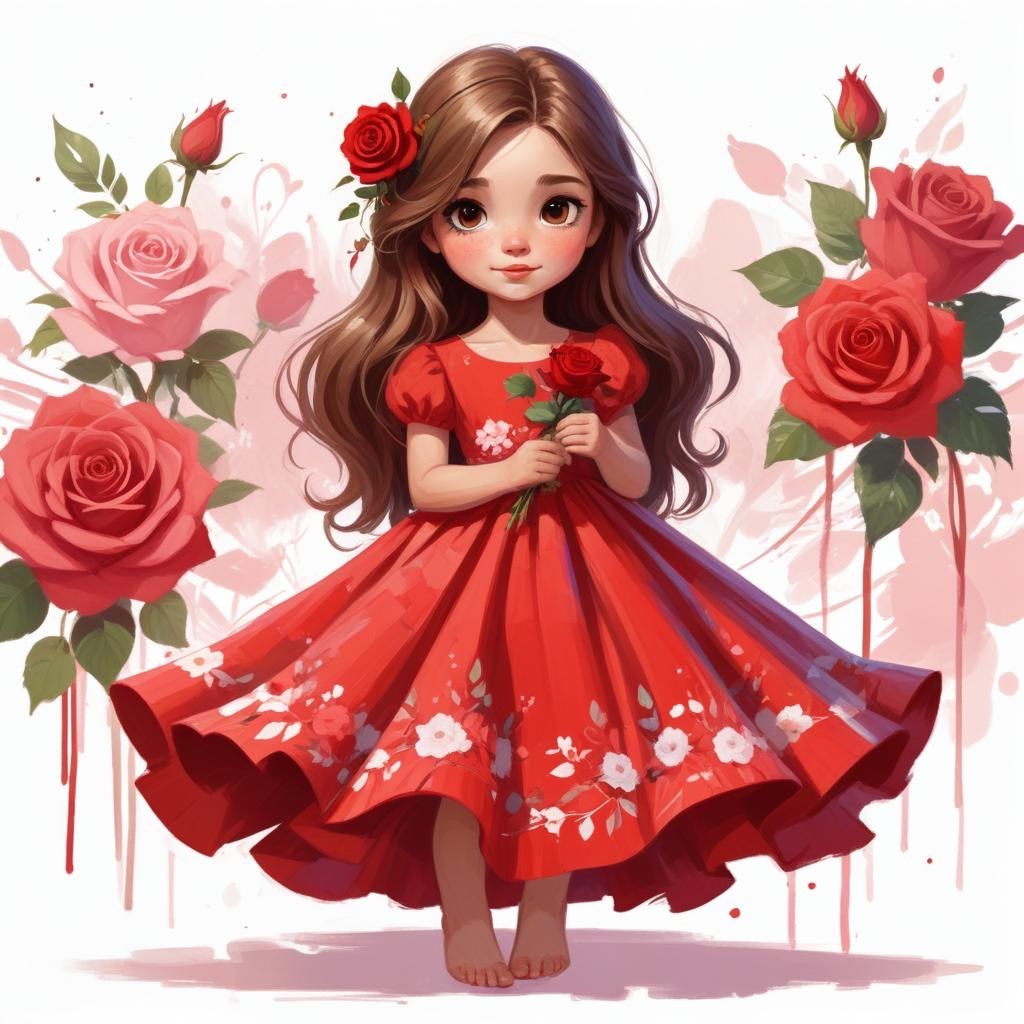 A Young Girl Approximately 8 Years Old With Long Brown Hair And A Red Flower In Her Hair Wearing A Red Dress Adorned With Floral Patterns She Stands Among Pink And Red Roses With Rose Petals Sca 6 Bcbf