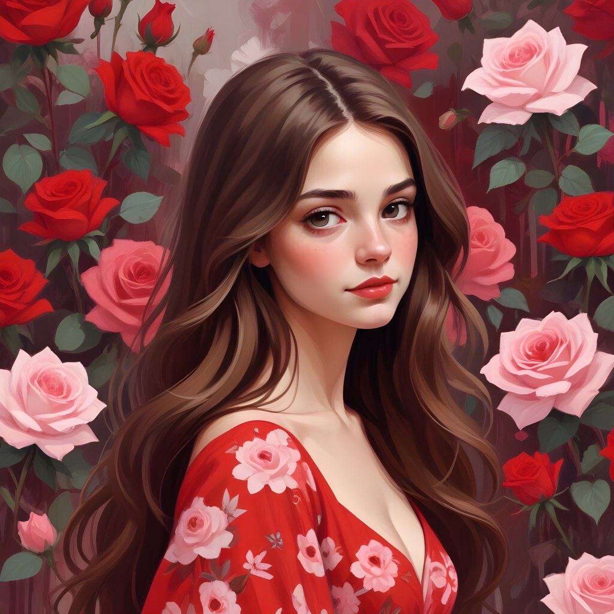 A Young Girl Approximately 8 Years Old With Long Brown Hair And A Red Flower In Her Hair Wearing A Red Dress Adorned With Floral Patterns She Stands Among Pink And Red Roses With Rose Petals Sca 7 6f89