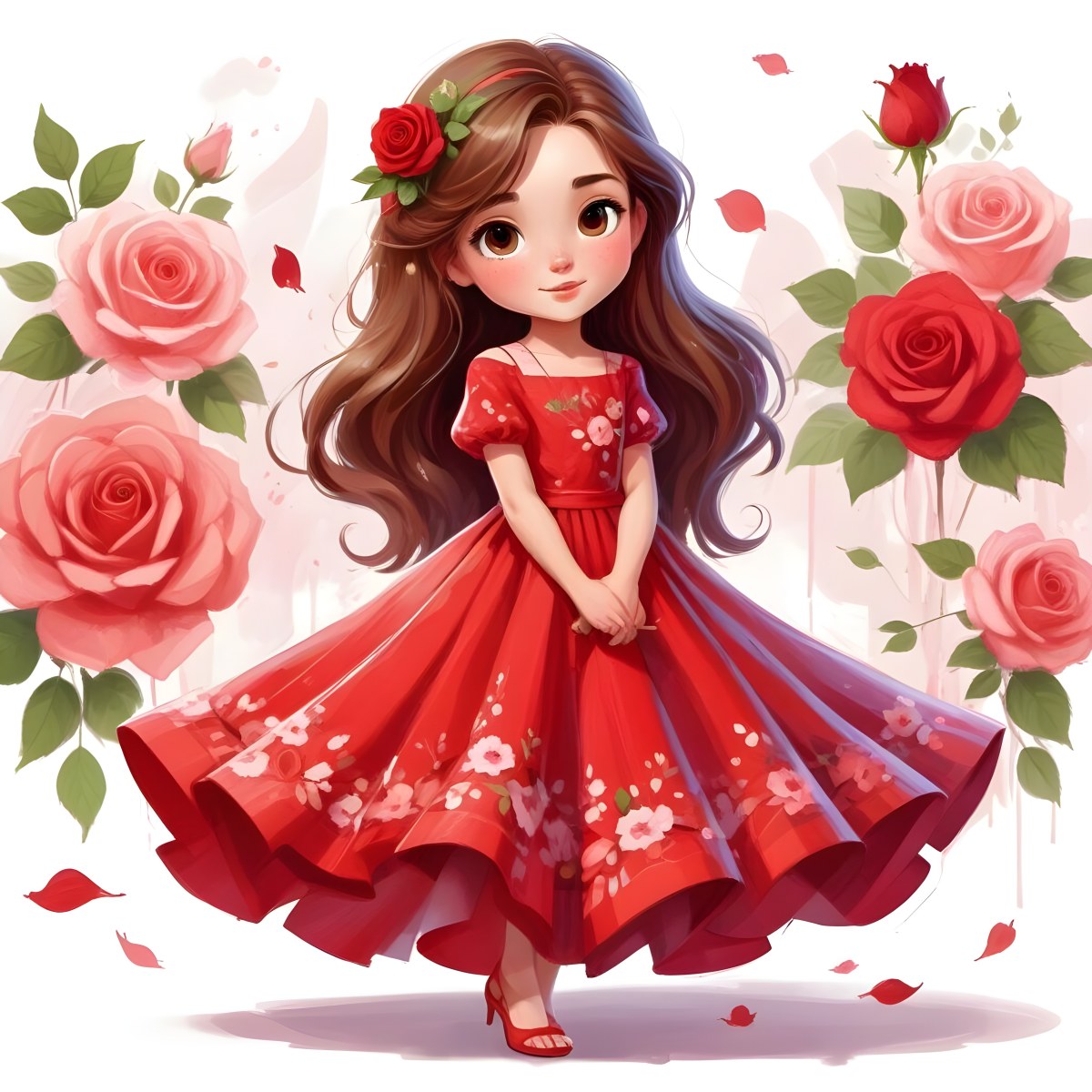 A Young Girl Approximately 8 Years Old With Long Brown Hair And A Red Flower In Her Hair Wearing A Red Dress Adorned With Floral Patterns She Stands Among Pink And Red Roses With Rose Petals Sca 8 829b