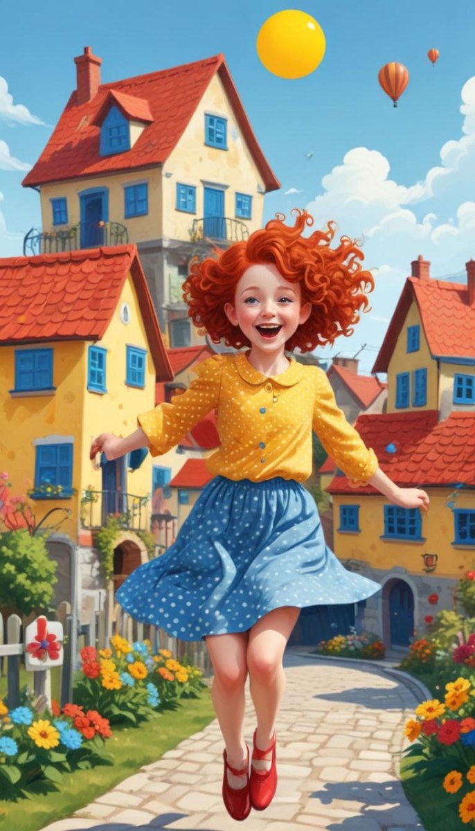 A Young Red Haired Girl With Curly Hair Wearing A Yellow Shirt And Polka Dot Skirt Jumping Joyfully In A Colorful Whimsical Town Setting With Houses Flowers And Floating Balloons 11 6ca9
