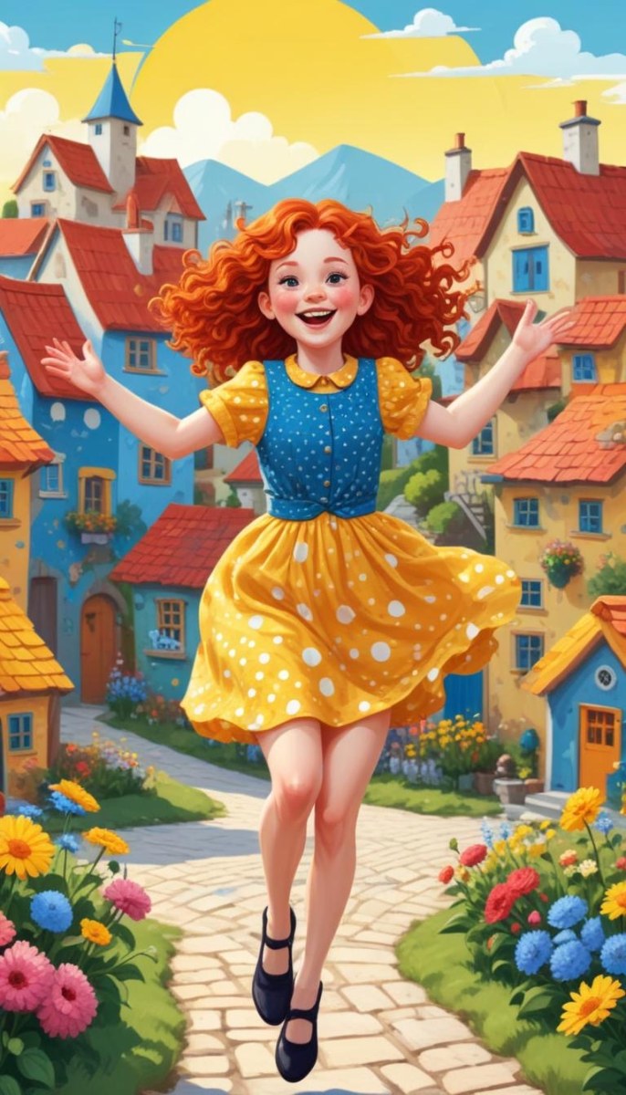 A Young Red Haired Girl With Curly Hair Wearing A Yellow Shirt And Polka Dot Skirt Jumping Joyfully In A Colorful Whimsical Town Setting With Houses Flowers And Floating Balloons 13 3375