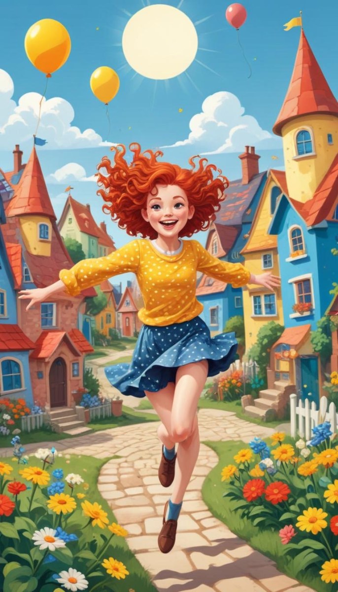 A Young Red Haired Girl With Curly Hair Wearing A Yellow Shirt And Polka Dot Skirt Jumping Joyfully In A Colorful Whimsical Town Setting With Houses Flowers And Floating Balloons 15 234d