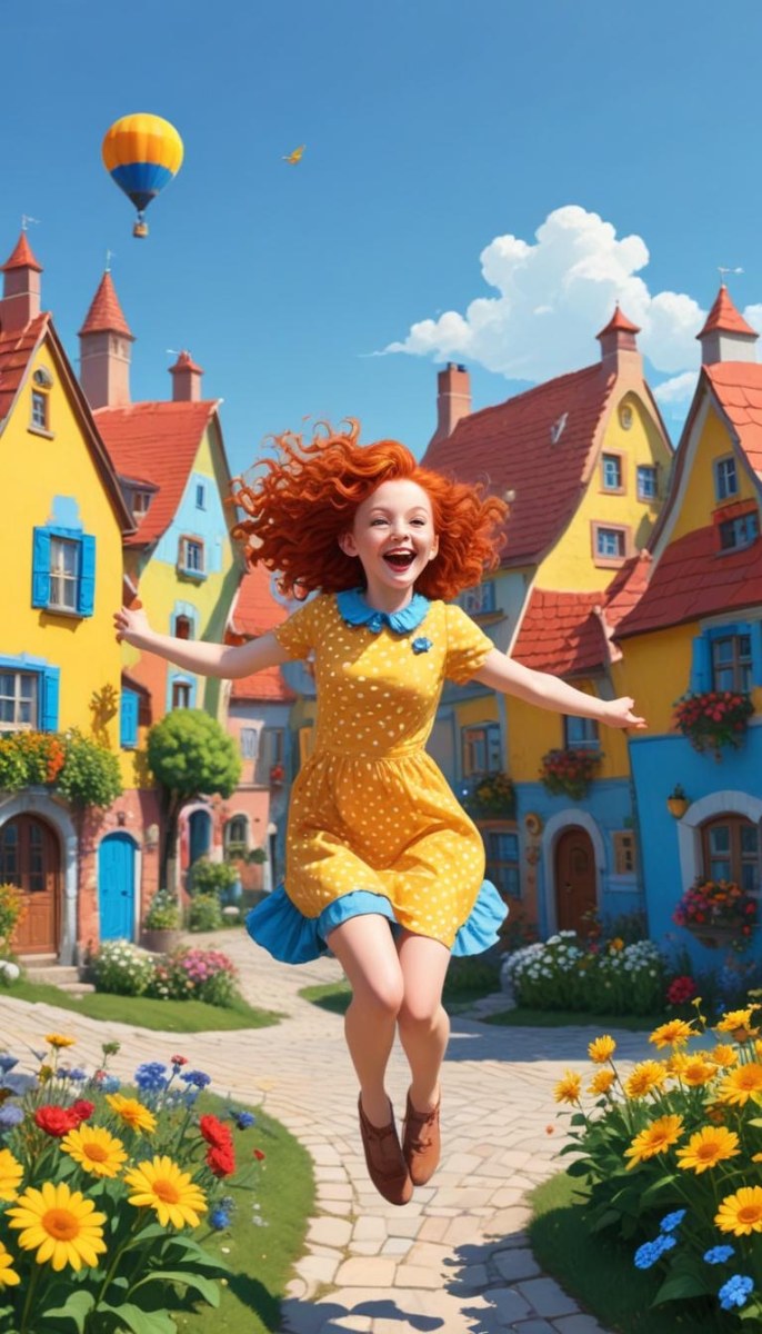 A Young Red Haired Girl With Curly Hair Wearing A Yellow Shirt And Polka Dot Skirt Jumping Joyfully In A Colorful Whimsical Town Setting With Houses Flowers And Floating Balloons 16 624a