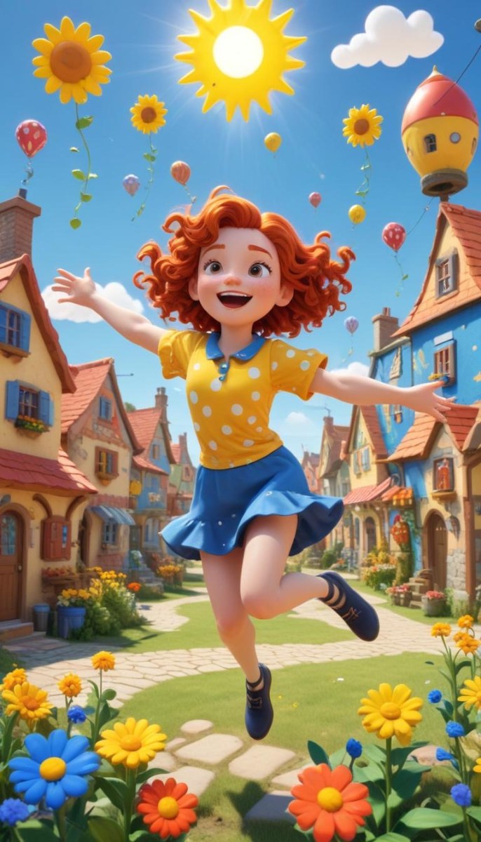 A Young Red Haired Girl With Curly Hair Wearing A Yellow Shirt And Polka Dot Skirt Jumping Joyfully In A Colorful Whimsical Town Setting With Houses Flowers And Floating Balloons 17 D1db