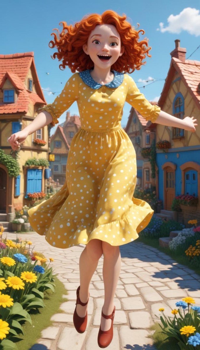 A Young Red Haired Girl With Curly Hair Wearing A Yellow Shirt And Polka Dot Skirt Jumping Joyfully In A Colorful Whimsical Town Setting With Houses Flowers And Floating Balloons 18 8635