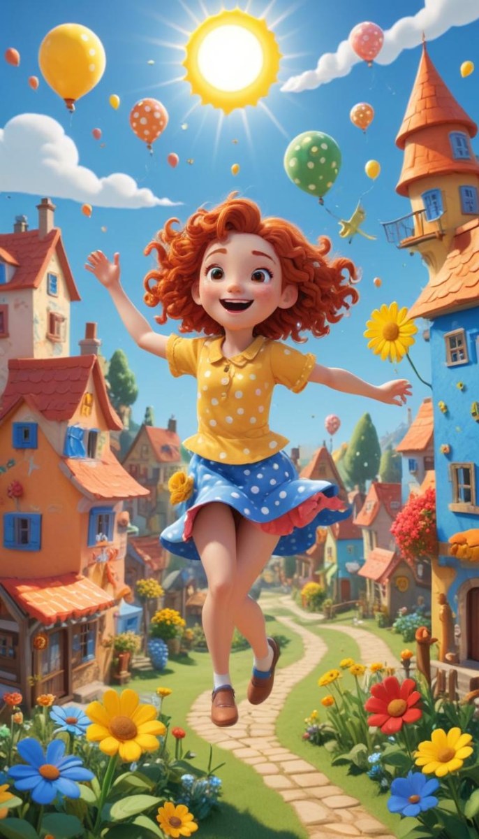 A Young Red Haired Girl With Curly Hair Wearing A Yellow Shirt And Polka Dot Skirt Jumping Joyfully In A Colorful Whimsical Town Setting With Houses Flowers And Floating Balloons 19 26dc