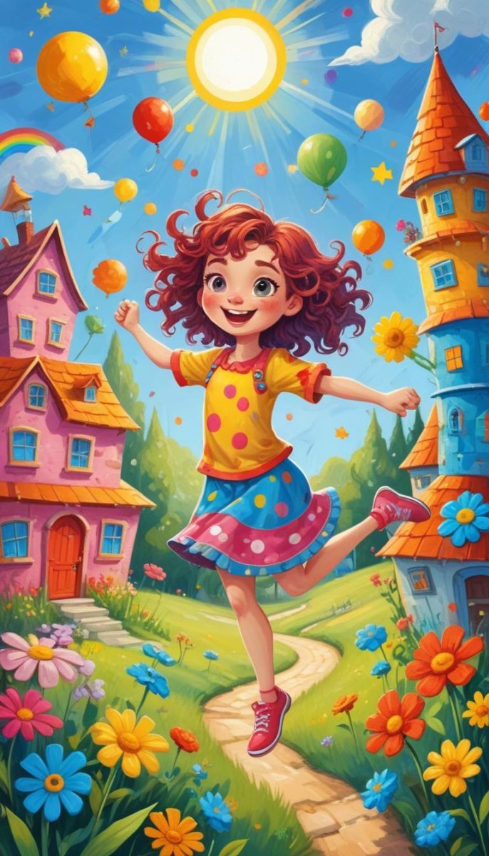 A Young Red Haired Girl With Curly Hair Wearing A Yellow Shirt And Polka Dot Skirt Jumping Joyfully In A Colorful Whimsical Town Setting With Houses Flowers And Floating Balloons 2 53b7