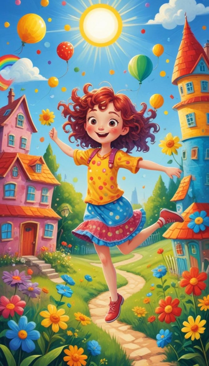 A Young Red Haired Girl With Curly Hair Wearing A Yellow Shirt And Polka Dot Skirt Jumping Joyfully In A Colorful Whimsical Town Setting With Houses Flowers And Floating Balloons 3 6a30