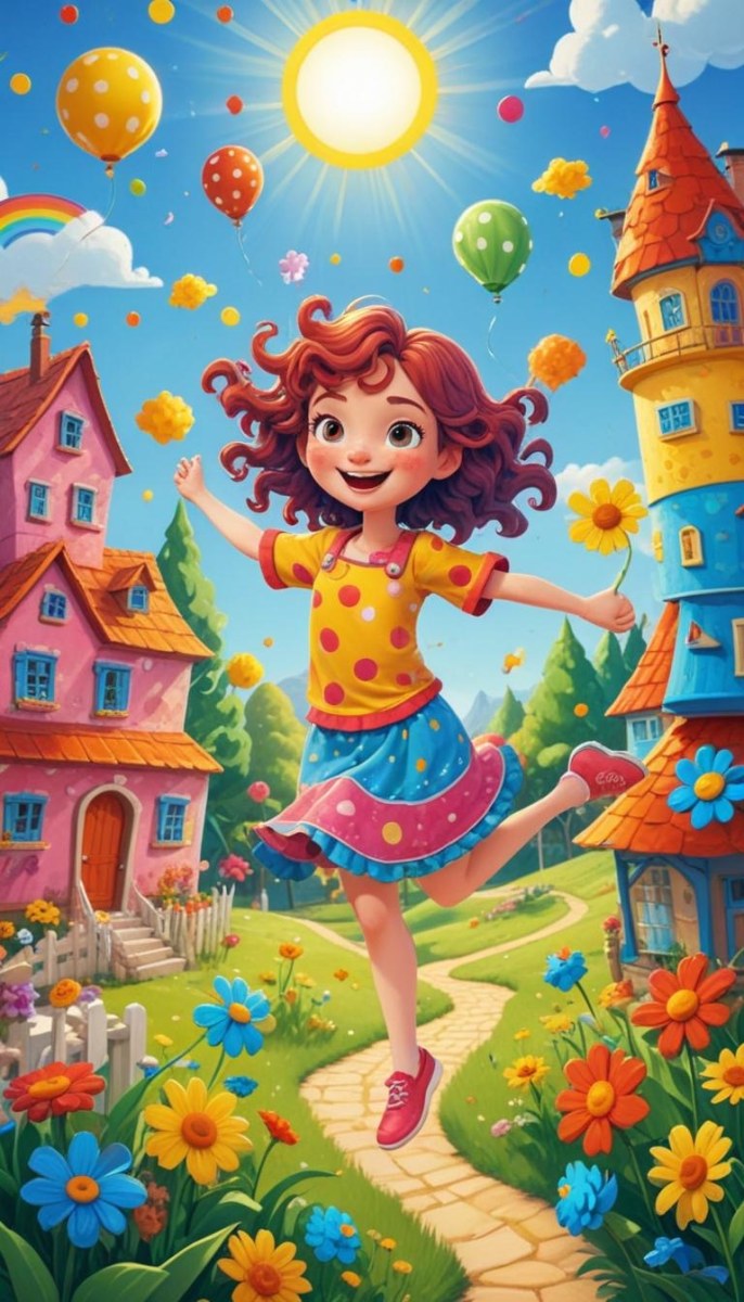 A Young Red Haired Girl With Curly Hair Wearing A Yellow Shirt And Polka Dot Skirt Jumping Joyfully In A Colorful Whimsical Town Setting With Houses Flowers And Floating Balloons 4 3629