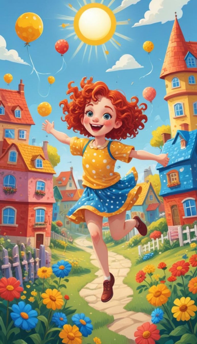 A Young Red Haired Girl With Curly Hair Wearing A Yellow Shirt And Polka Dot Skirt Jumping Joyfully In A Colorful Whimsical Town Setting With Houses Flowers And Floating Balloons 5 9998