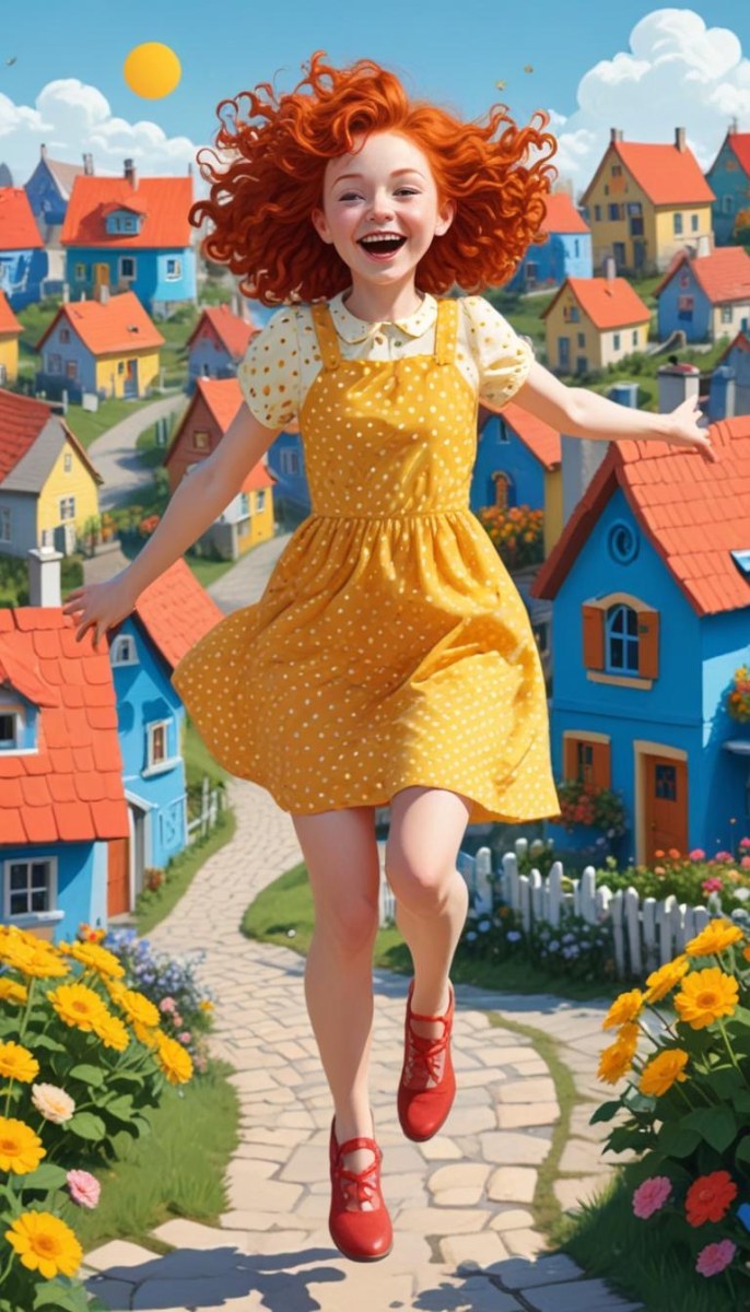 A Young Red Haired Girl With Curly Hair Wearing A Yellow Shirt And Polka Dot Skirt Jumping Joyfully In A Colorful Whimsical Town Setting With Houses Flowers And Floating Balloons 6 Ac23