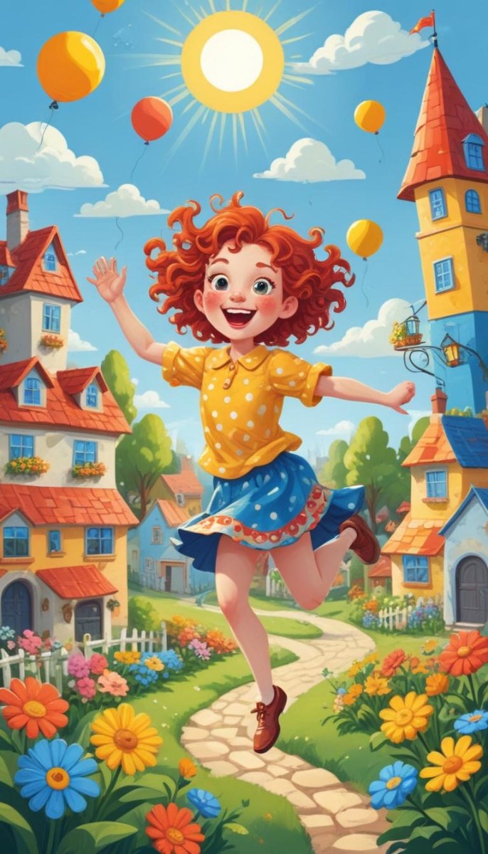A Young Red Haired Girl With Curly Hair Wearing A Yellow Shirt And Polka Dot Skirt Jumping Joyfully In A Colorful Whimsical Town Setting With Houses Flowers And Floating Balloons 7 9c43