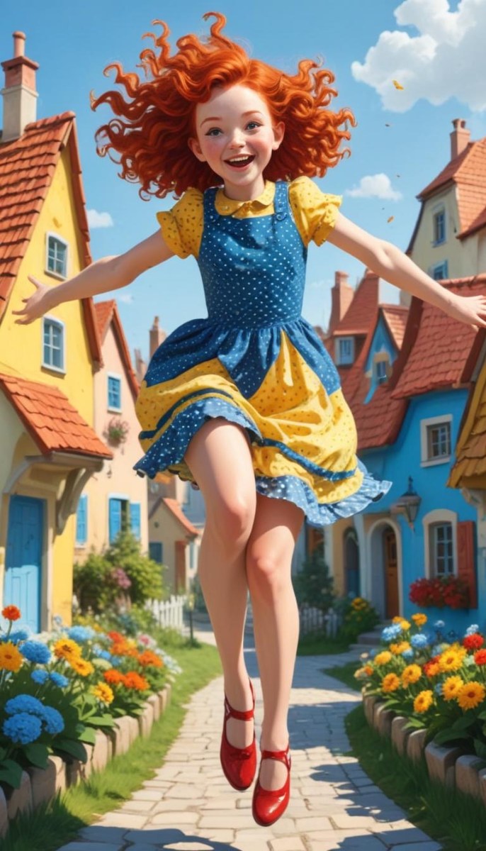 A Young Red Haired Girl With Curly Hair Wearing A Yellow Shirt And Polka Dot Skirt Jumping Joyfully In A Colorful Whimsical Town Setting With Houses Flowers And Floating Balloons 8 D66b