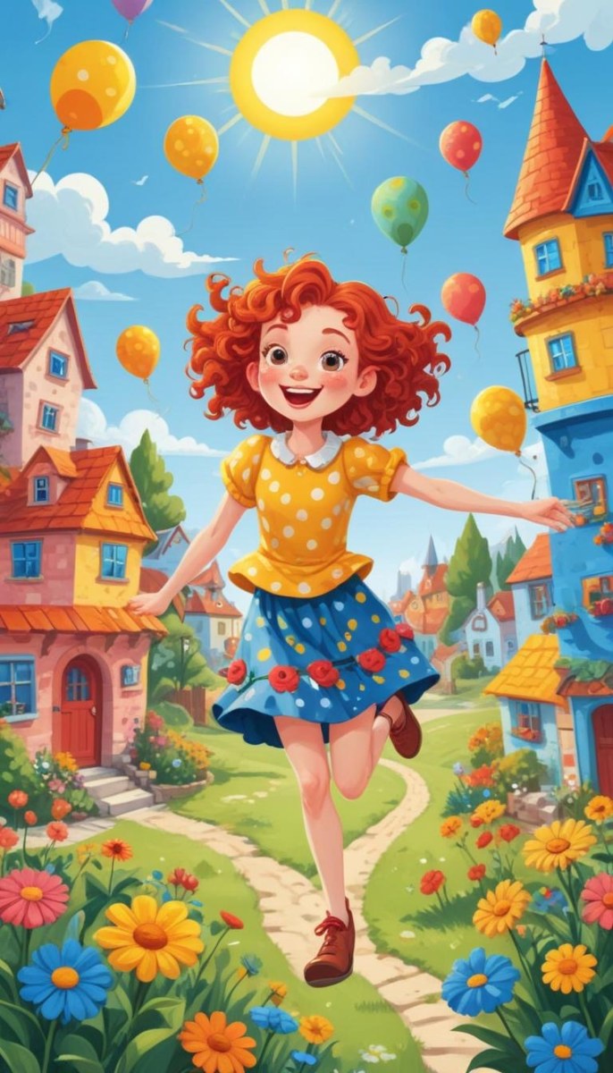 A Young Red Haired Girl With Curly Hair Wearing A Yellow Shirt And Polka Dot Skirt Jumping Joyfully In A Colorful Whimsical Town Setting With Houses Flowers And Floating Balloons 9 Ff77