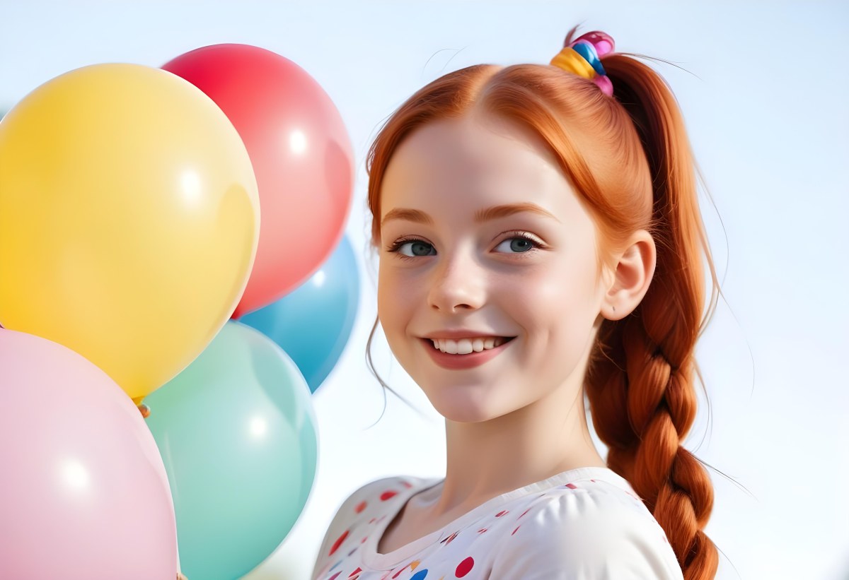 A Young Smiling Redheaded Girl With Pigtails Holding Colorful Balloons In A Sunny Park 1 32c1