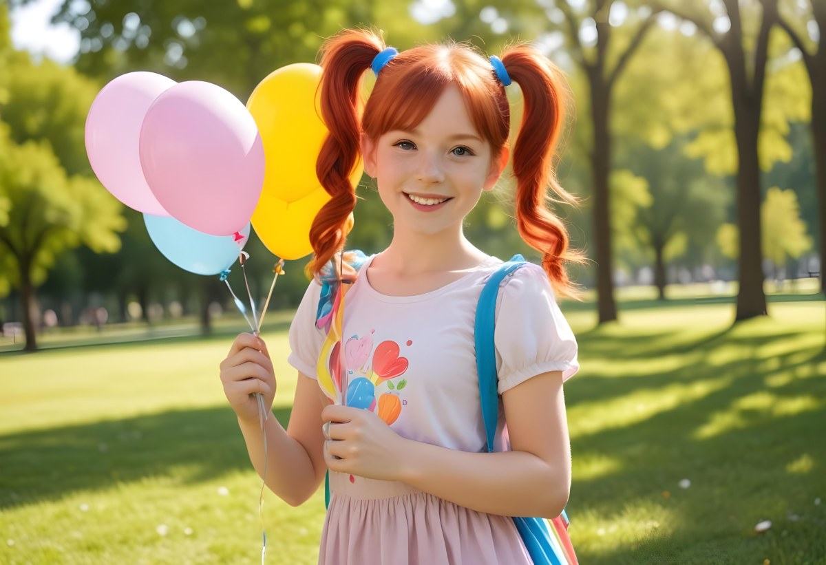 A Young Smiling Redheaded Girl With Pigtails Holding Colorful Balloons In A Sunny Park 11 90b8