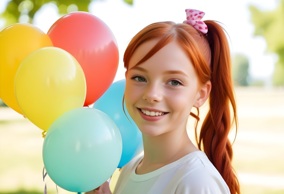 A Young Smiling Redheaded Girl With Pigtails Holding Colorful Balloons In A Sunny Park 13 6863