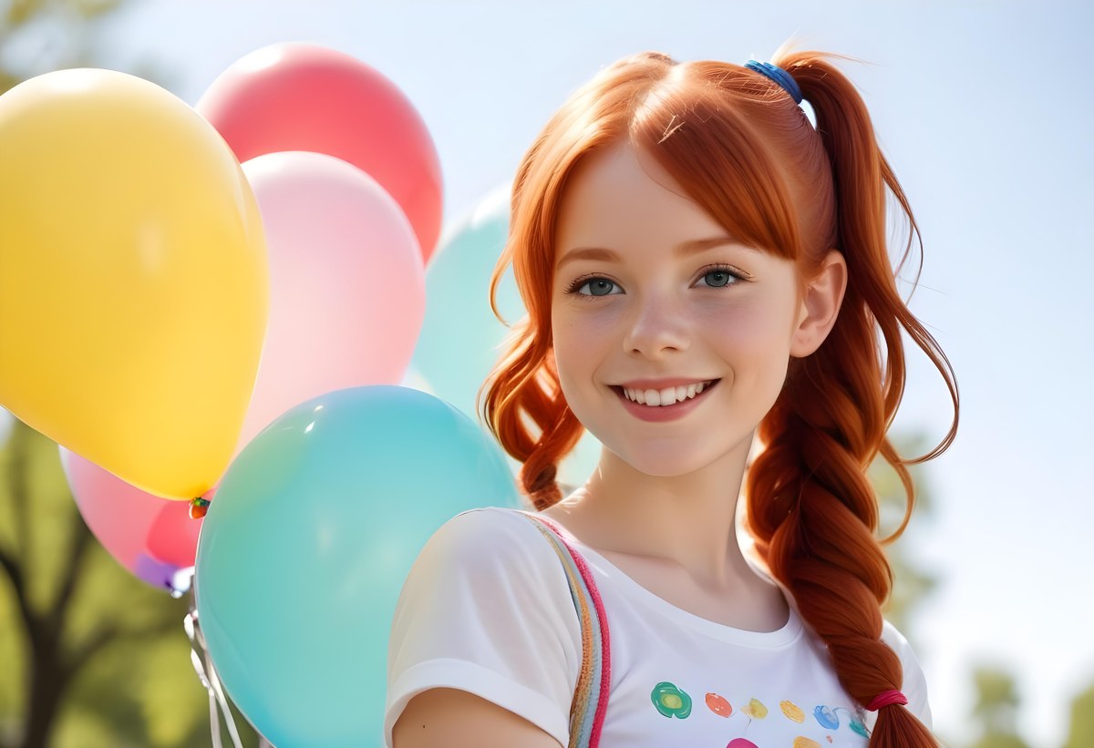 A Young Smiling Redheaded Girl With Pigtails Holding Colorful Balloons In A Sunny Park 15 90b7