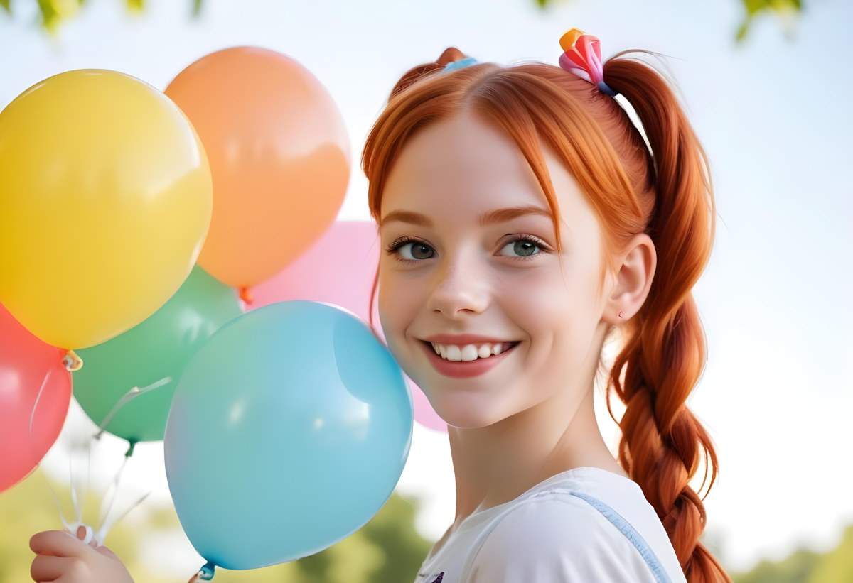 A Young Smiling Redheaded Girl With Pigtails Holding Colorful Balloons In A Sunny Park 17 Ea40